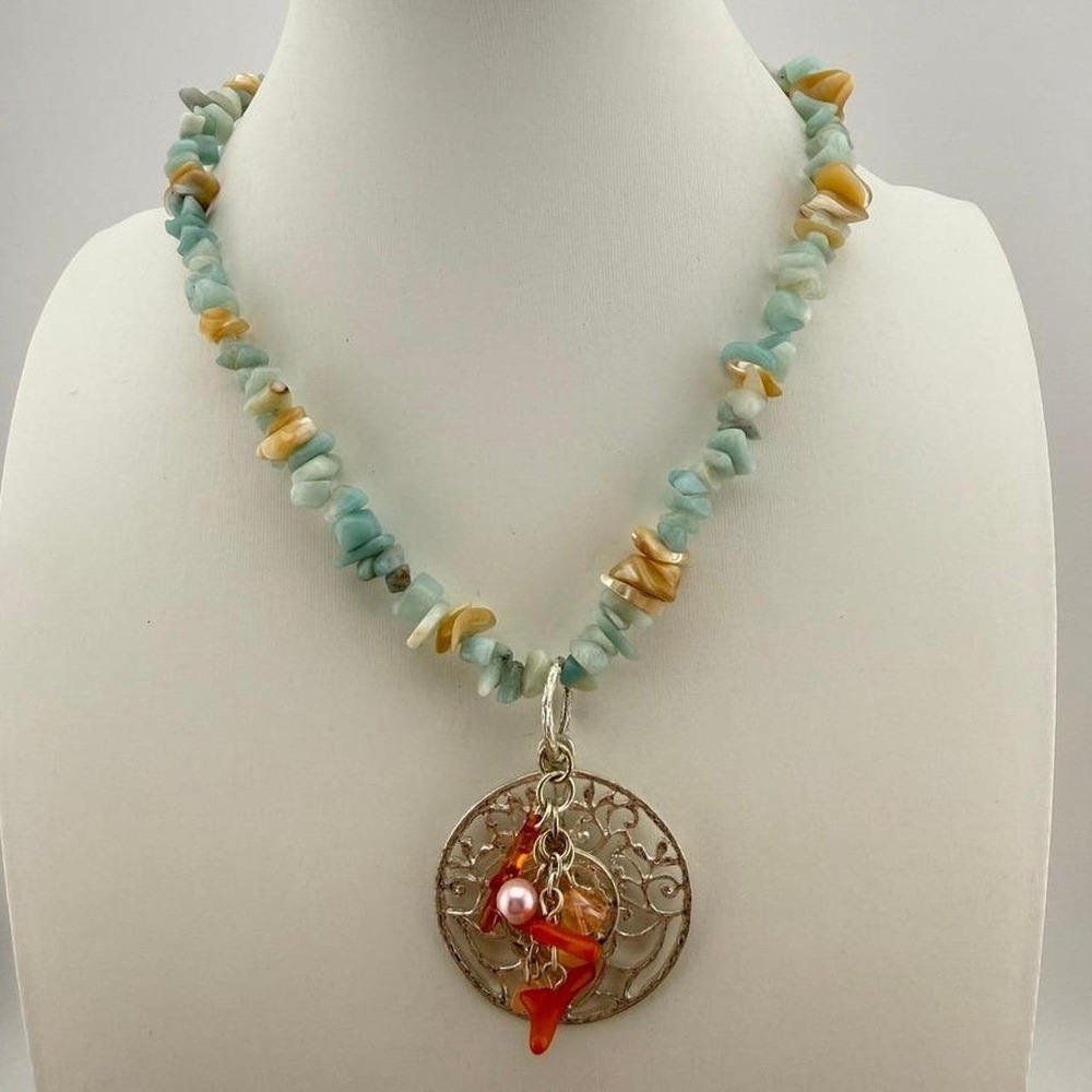 Aquamarine Mother of Pearl Necklace Filigree‎ Pendant Boho Coastal Design